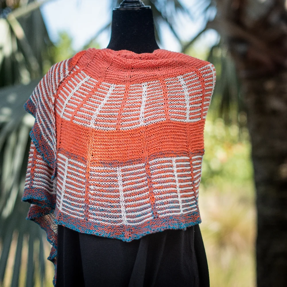 Hand Crafted OOAK Avantgarde Boho Striped Cotton Orange Blue Summer Knit Shawl - Picture 15 of 15